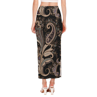 Dark Brown Paisley Pattern Print Side Slit Maxi Skirt