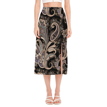 Dark Brown Paisley Pattern Print Side Slit Midi Skirt