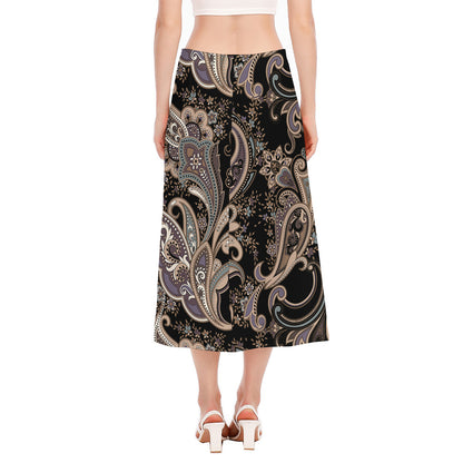 Dark Brown Paisley Pattern Print Side Slit Midi Skirt