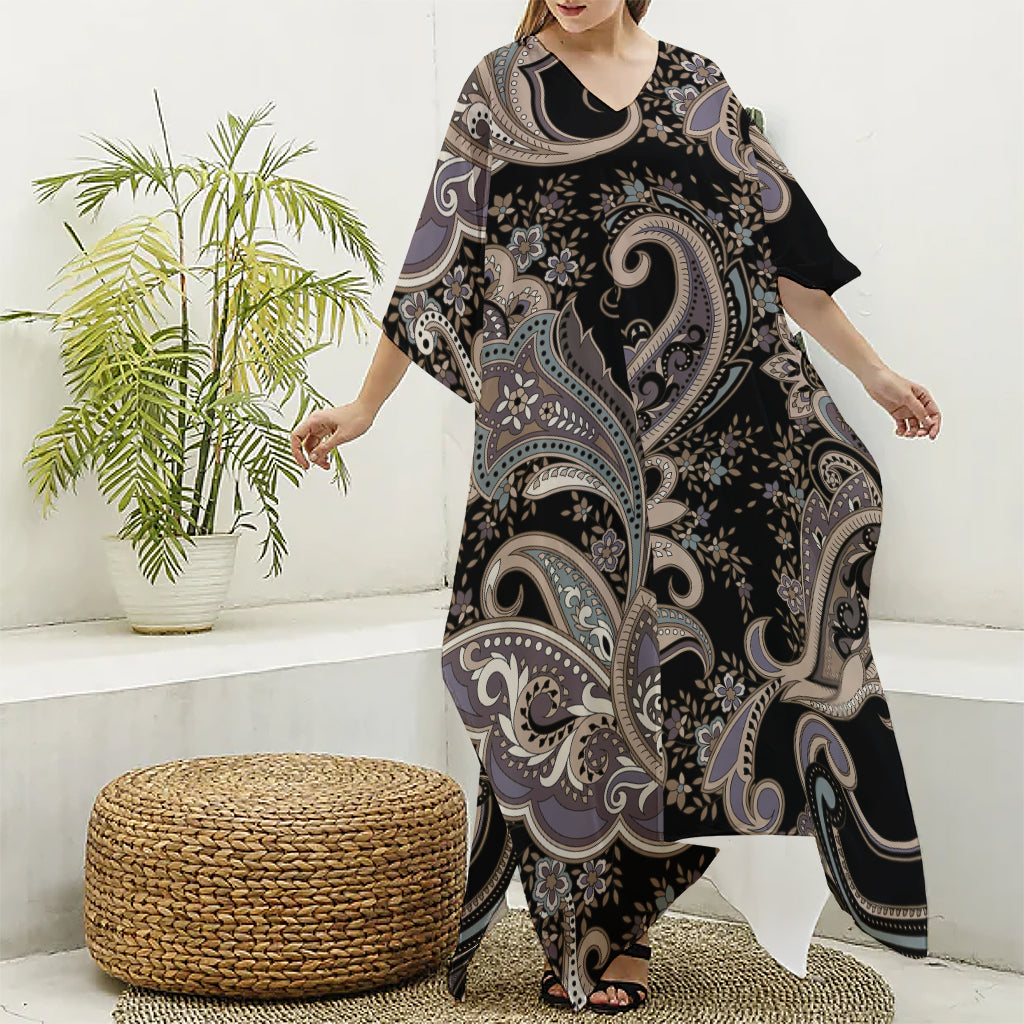 Dark Brown Paisley Pattern Print Silk V-Neck Kaftan Dress