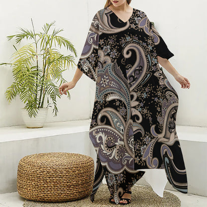 Dark Brown Paisley Pattern Print Silk V-Neck Kaftan Dress