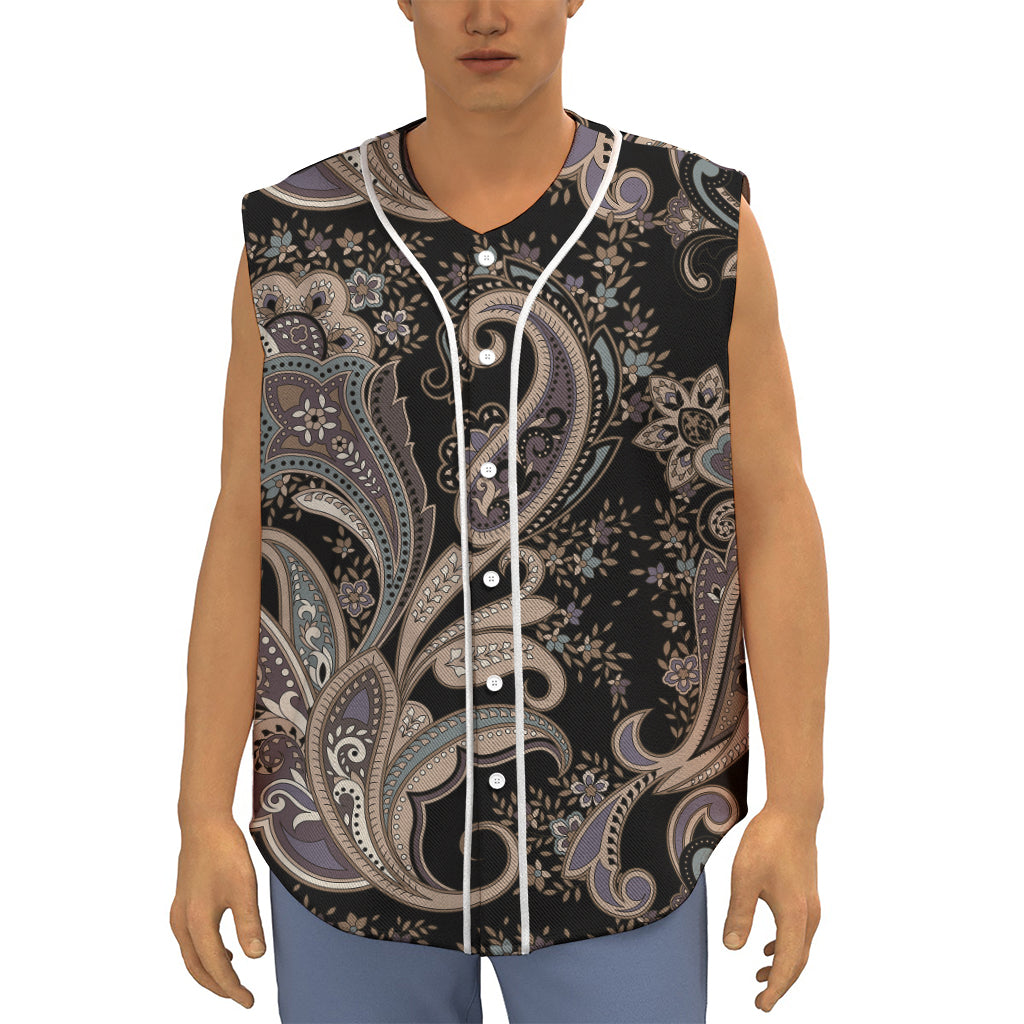 Dark Brown Paisley Pattern Print Sleeveless Baseball Jersey