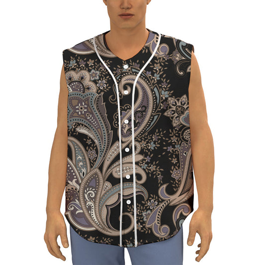 Dark Brown Paisley Pattern Print Sleeveless Baseball Jersey