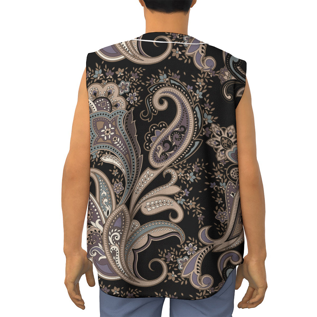 Dark Brown Paisley Pattern Print Sleeveless Baseball Jersey