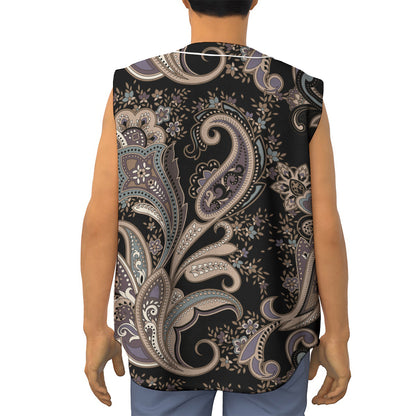 Dark Brown Paisley Pattern Print Sleeveless Baseball Jersey