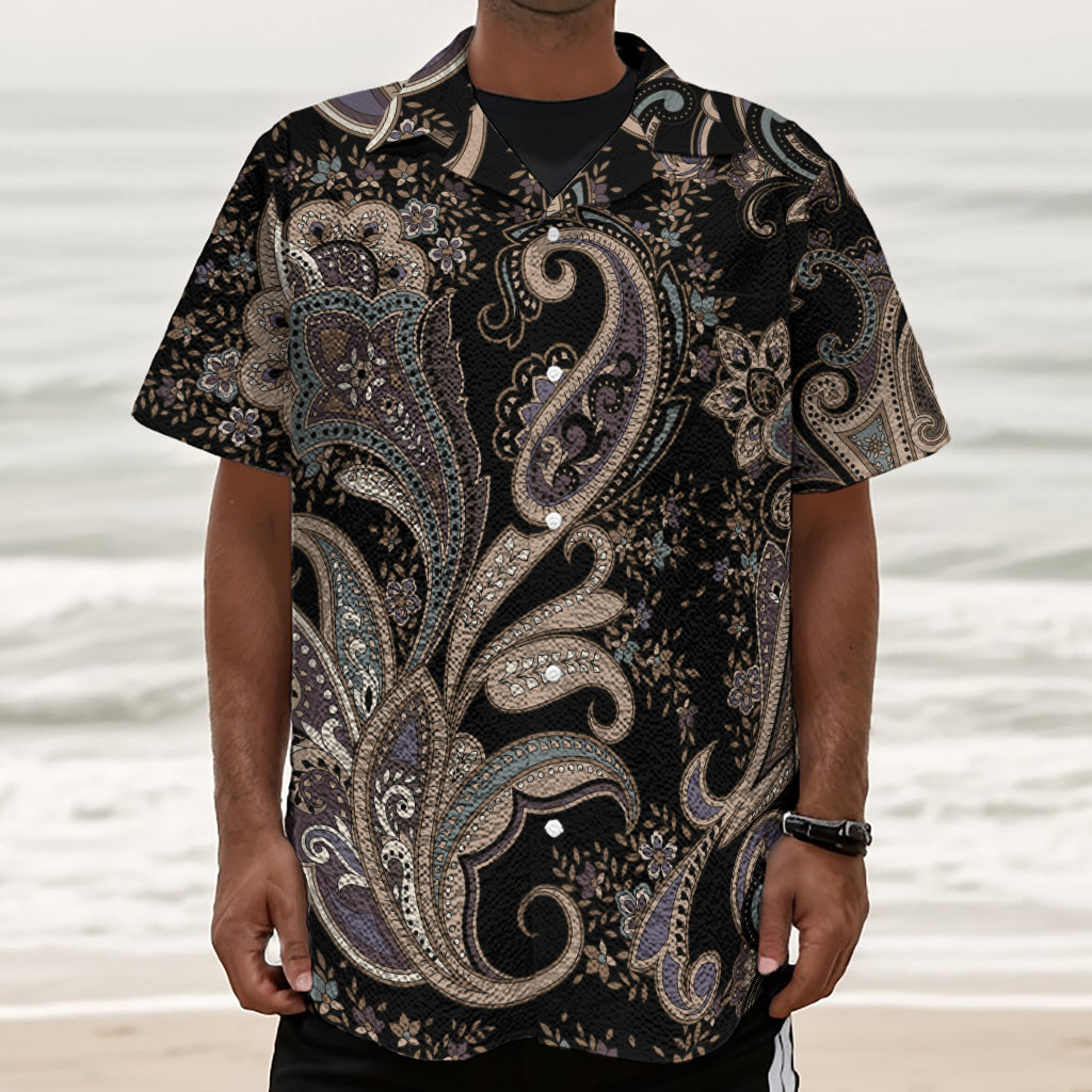 Dark Brown Paisley Pattern Print Textured Short Sleeve Shirt