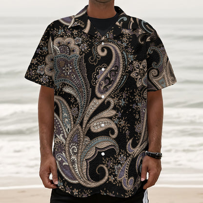 Dark Brown Paisley Pattern Print Textured Short Sleeve Shirt