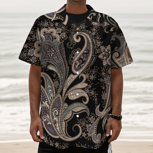 Dark Brown Paisley Pattern Print Textured Short Sleeve Shirt