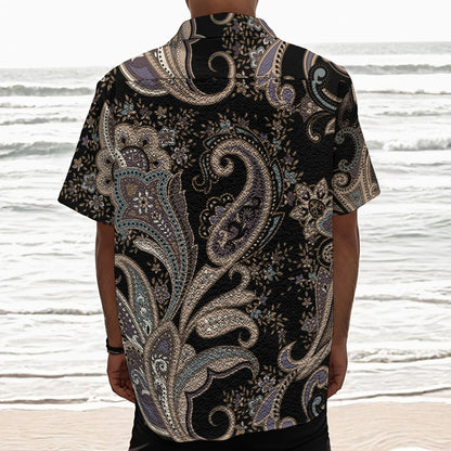Dark Brown Paisley Pattern Print Textured Short Sleeve Shirt