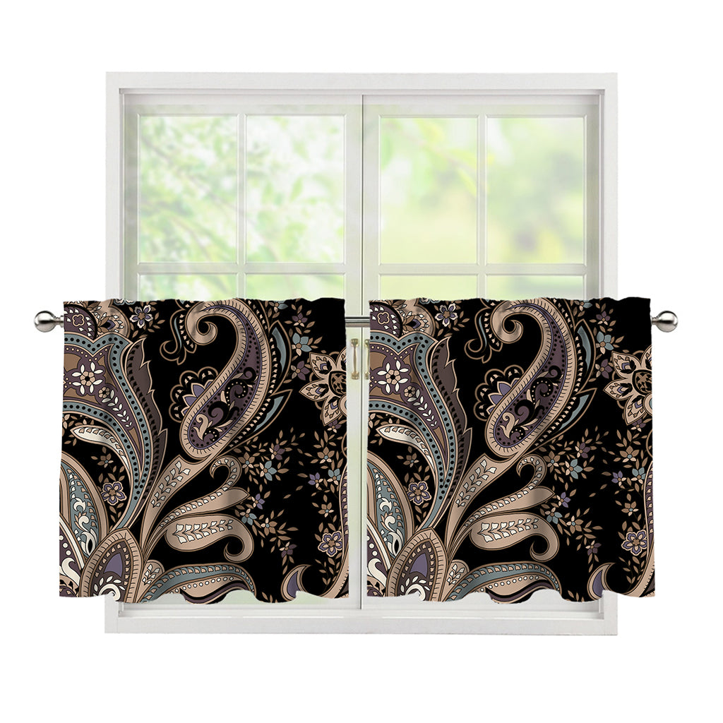 Dark Brown Paisley Pattern Print Tier Curtains
