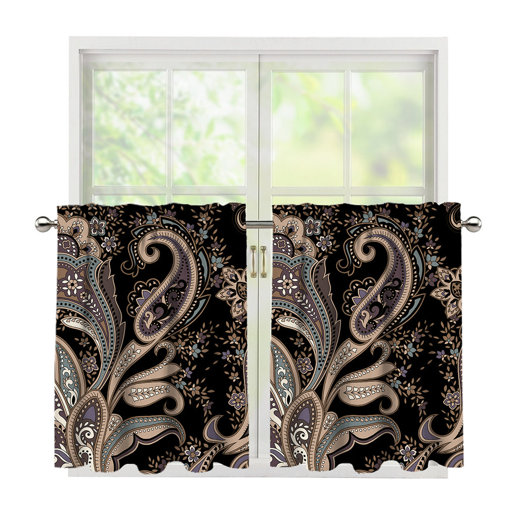 Dark Brown Paisley Pattern Print Tier Curtains