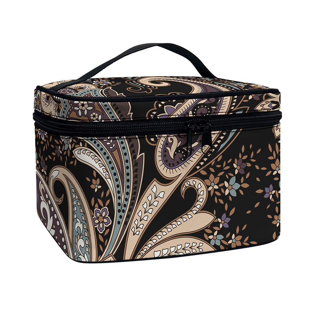 Dark Brown Paisley Pattern Print Travel Makeup Bag