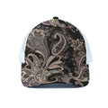 Dark Brown Paisley Pattern Print White Mesh Trucker Hat