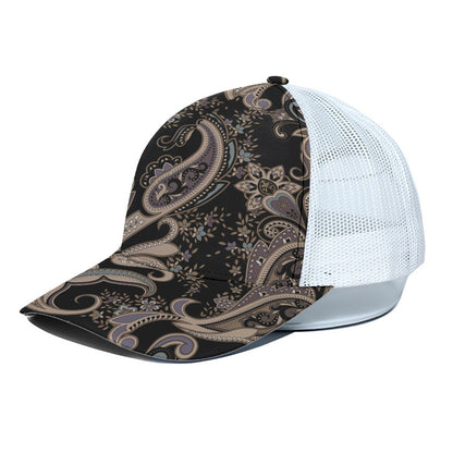 Dark Brown Paisley Pattern Print White Mesh Trucker Cap