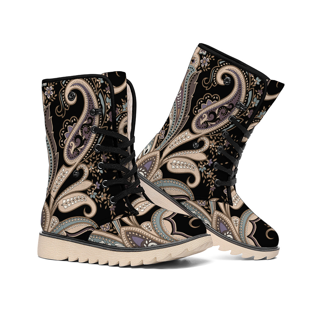 Dark Brown Paisley Pattern Print Winter Boots