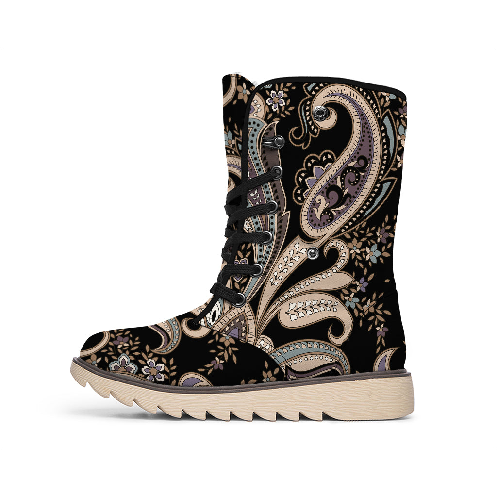Dark Brown Paisley Pattern Print Winter Boots
