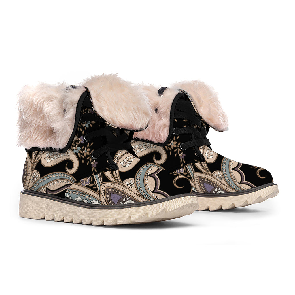 Dark Brown Paisley Pattern Print Winter Boots