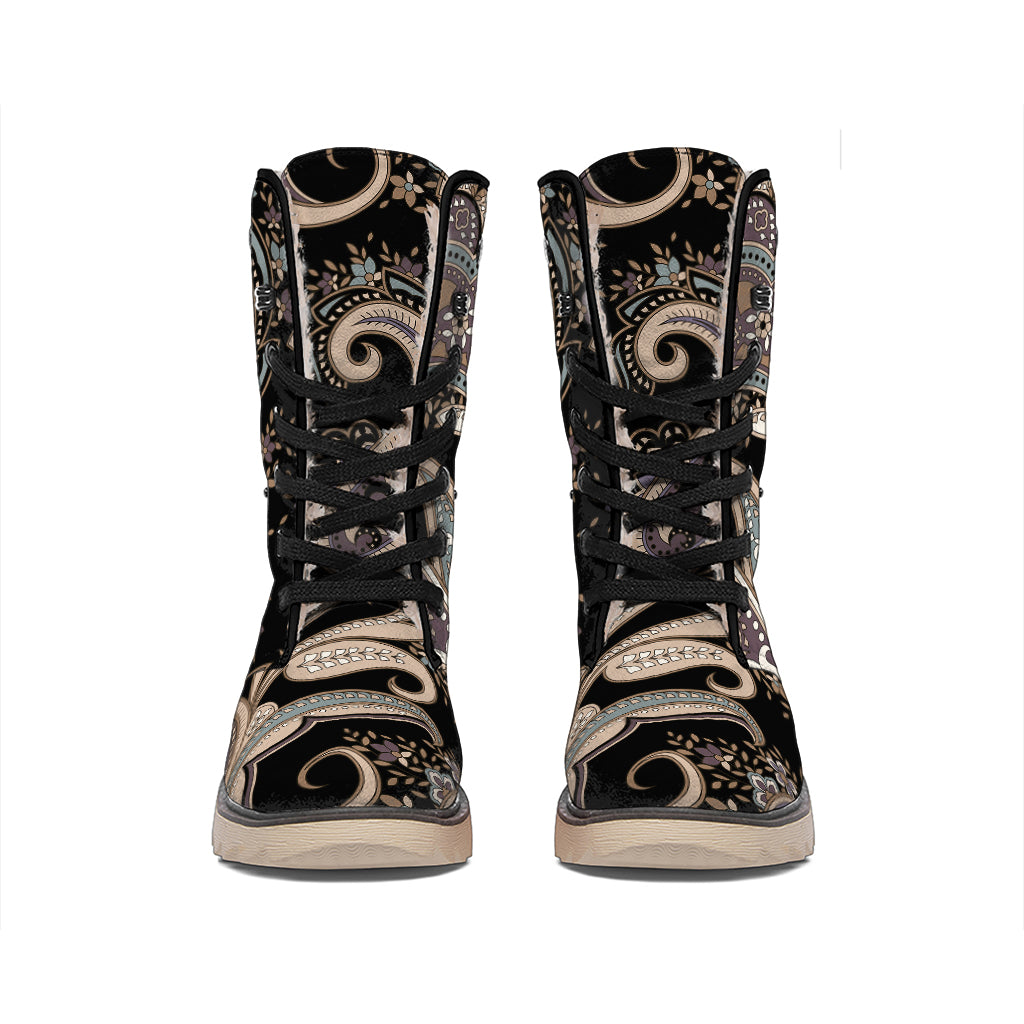 Dark Brown Paisley Pattern Print Winter Boots