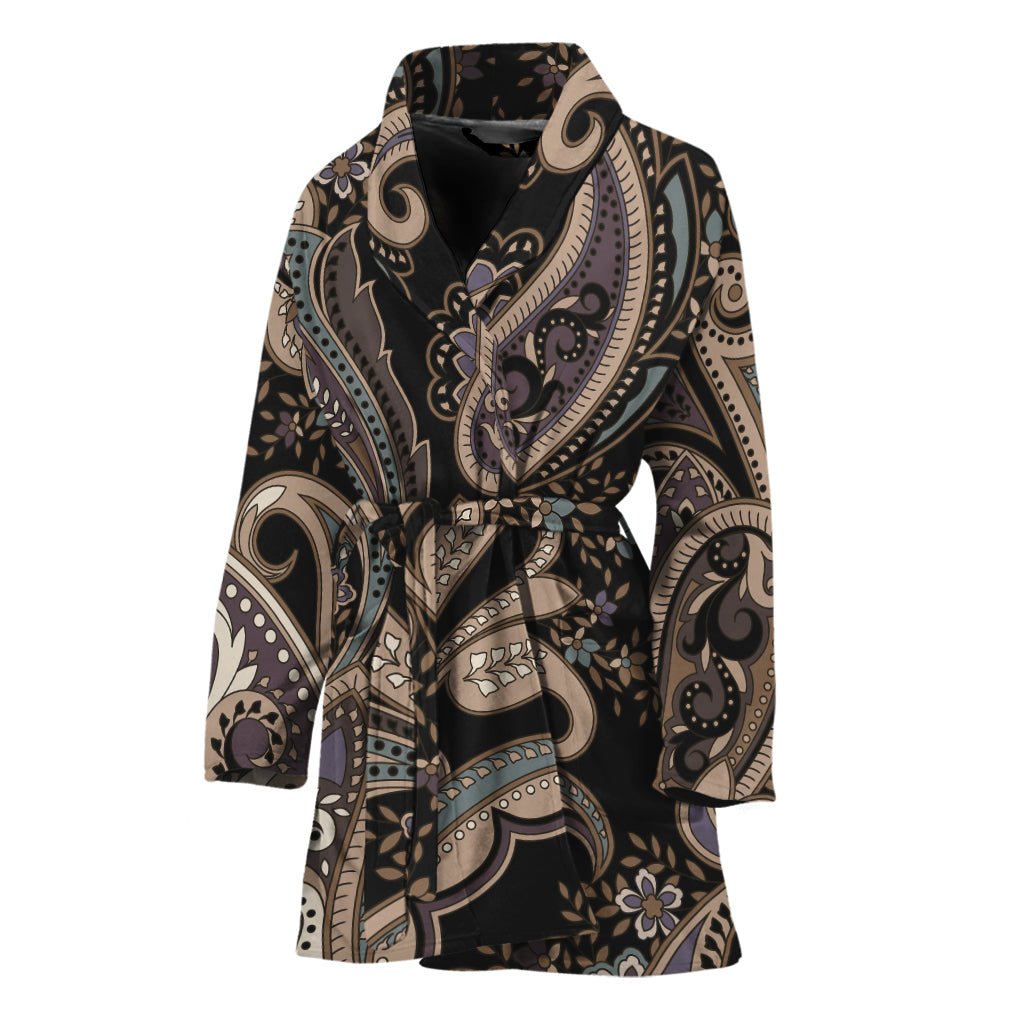 Dark Brown Paisley Pattern Print Women's Bathrobe