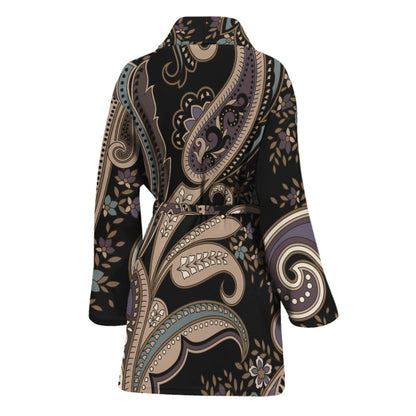 Dark Brown Paisley Pattern Print Women's Bathrobe