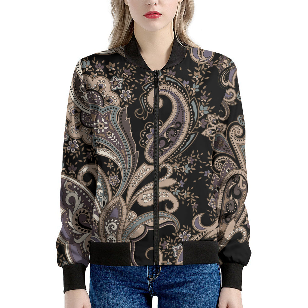 Dark Brown Paisley Pattern Print Women's Bomber Jacket