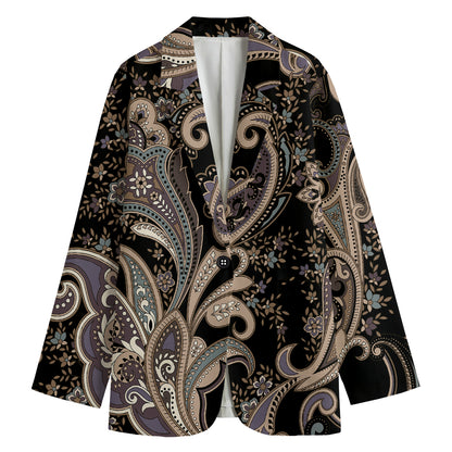 Dark Brown Paisley Pattern Print Women's Cotton Blazer