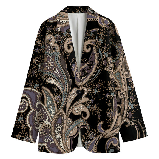 Dark Brown Paisley Pattern Print Women's Cotton Blazer