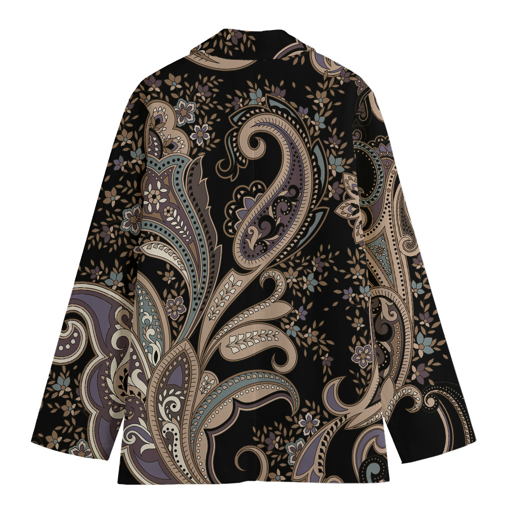 Dark Brown Paisley Pattern Print Women's Cotton Blazer