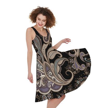 Dark Brown Paisley Pattern Print Women's Sleeveless Dress