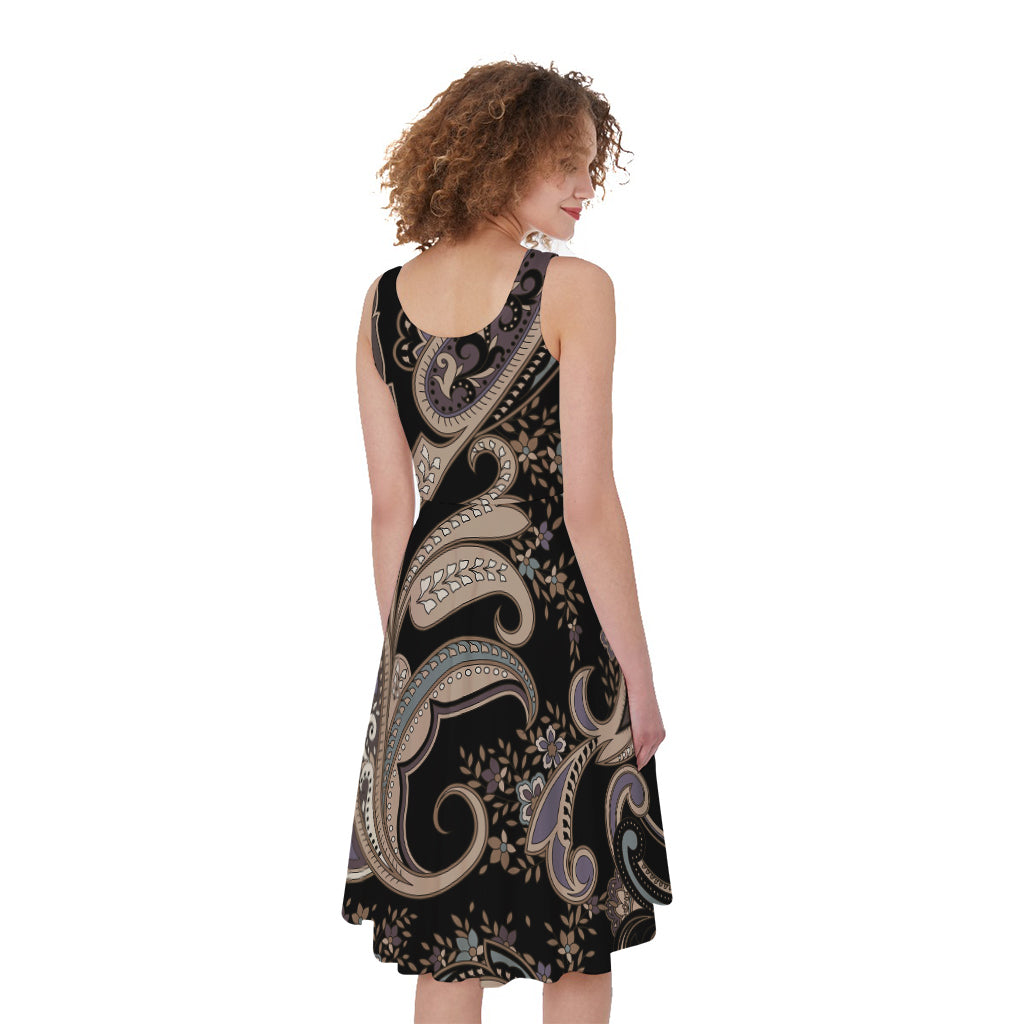 Dark Brown Paisley Pattern Print Women's Sleeveless Dress