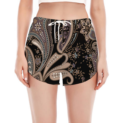 Dark Brown Paisley Pattern Print Women's Split Running Shorts