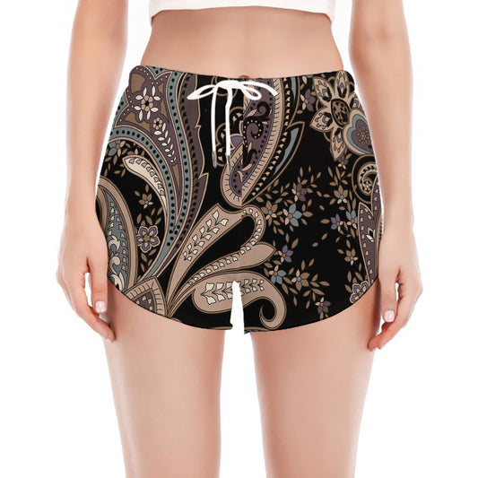 Dark Brown Paisley Pattern Print Women's Split Running Shorts
