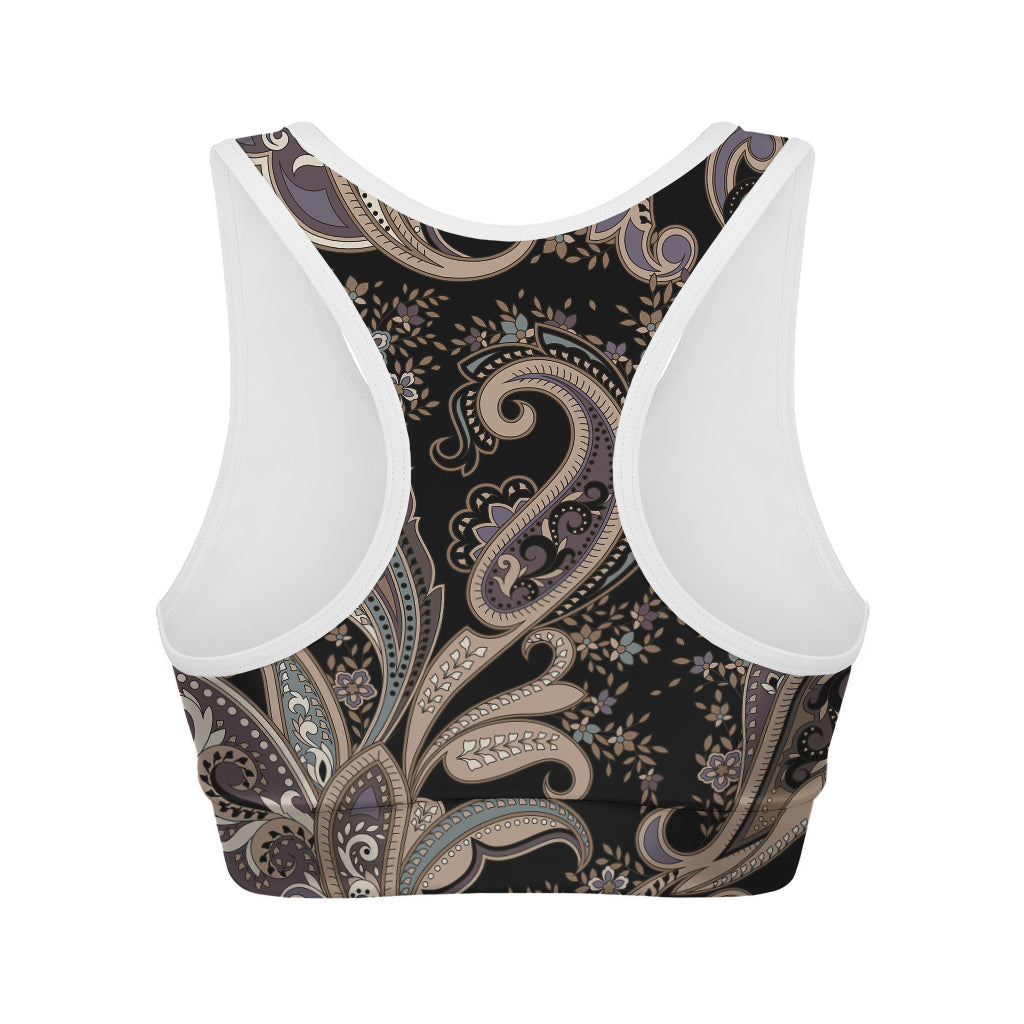 Dark Brown Paisley Pattern Print Women's Sports Bra