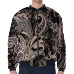 Dark Brown Paisley Pattern Print Zip Sleeve Bomber Jacket