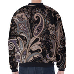 Dark Brown Paisley Pattern Print Zip Sleeve Bomber Jacket