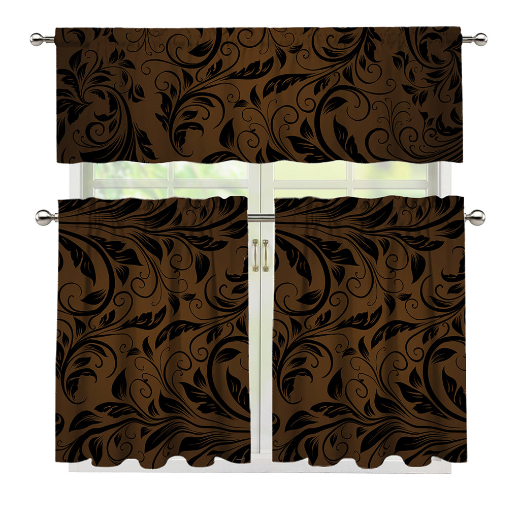 Dark Brown Western Damask Print 3 Piece Kitchen Curtains