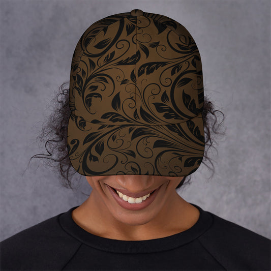 Dark Brown Western Damask Print Baseball Cap