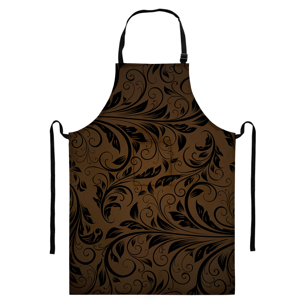 Dark Brown Western Damask Print Bib Apron With Pocket