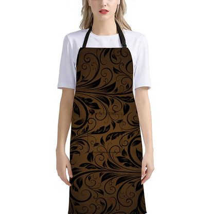 Dark Brown Western Damask Print Bib Apron With Pocket