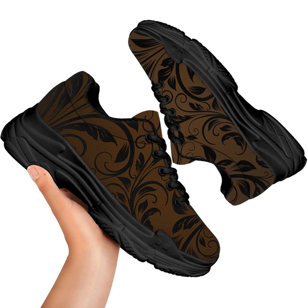 Dark Brown Western Damask Print Black Chunky Shoes