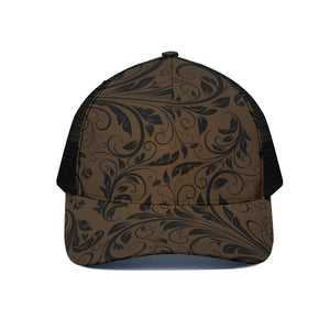 Dark Brown Western Damask Print Black Mesh Trucker Cap