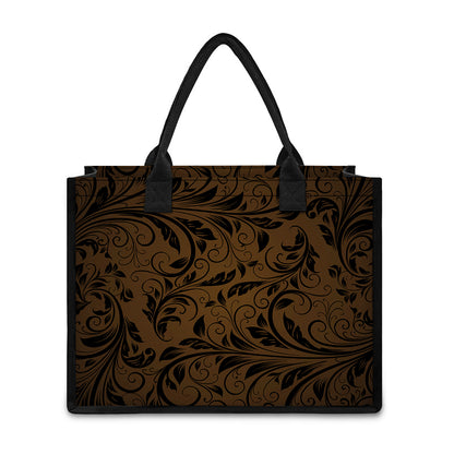 Dark Brown Western Damask Print Canvas Tote Bag