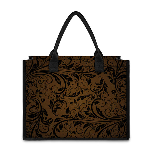 Dark Brown Western Damask Print Canvas Tote Bag