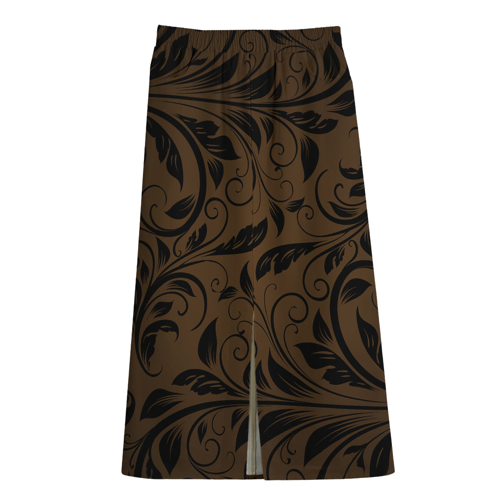 Dark Brown Western Damask Print Cotton Front Slit Maxi Skirt