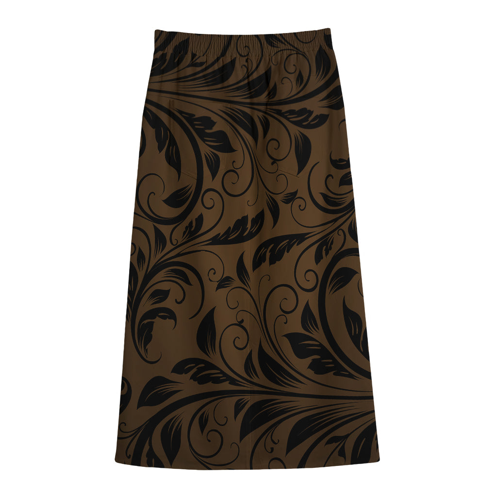 Dark Brown Western Damask Print Cotton Front Slit Maxi Skirt