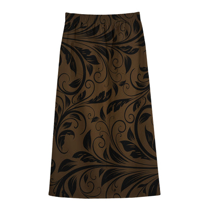 Dark Brown Western Damask Print Cotton Front Slit Maxi Skirt