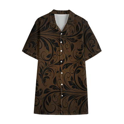 Dark Brown Western Damask Print Cotton Hawaiian Shirt