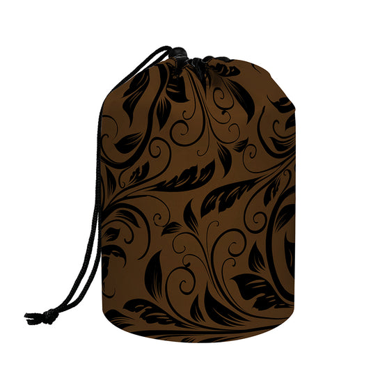 Dark Brown Western Damask Print Drawstring Makeup Bag