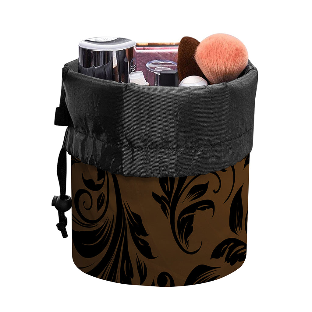 Dark Brown Western Damask Print Drawstring Makeup Bag