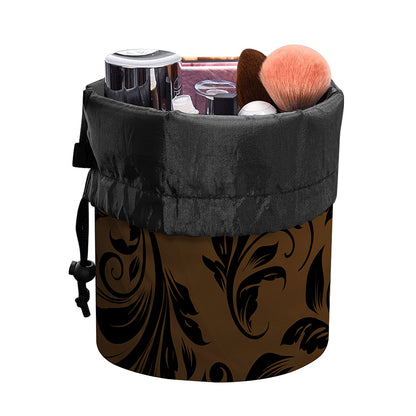 Dark Brown Western Damask Print Drawstring Makeup Bag